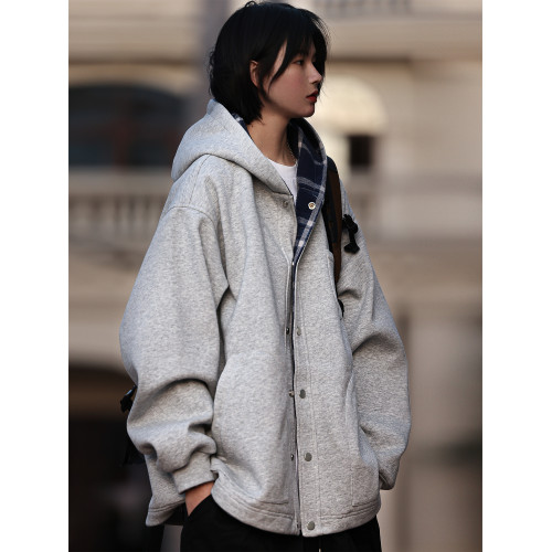 Nobodyknows秋冬日系復古純色格紋開衫男女休閒寬松連帽衛衣外套 Nobodyknows秋冬日系復古純色格紋開衫男女休閒寬松連帽衛衣外套