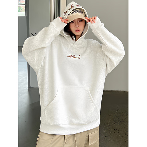 [黃子弘凡同款]404MOB美式復古花體字母刺綉連帽衛衣男情侶帽衫秋