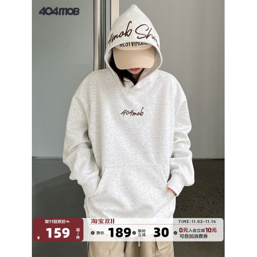 [黃子弘凡同款]404MOB美式復古花體字母刺綉連帽衛衣男情侶帽衫秋