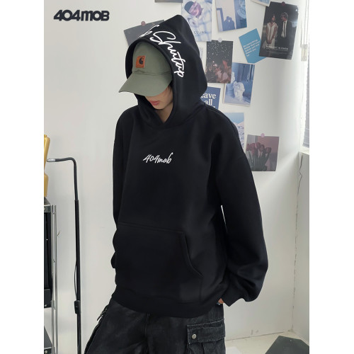 [黃子弘凡同款]404MOB美式復古花體字母刺綉連帽衛衣男情侶帽衫秋