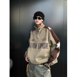 EAT美式復古撞色拼接紐釦立領衛衣男2024春秋情侶潮長袖外套