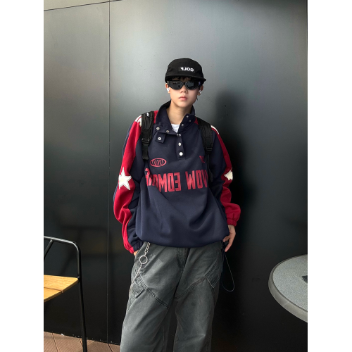 EAT美式復古撞色拼接紐釦立領衛衣男2024春秋情侶潮長袖外套