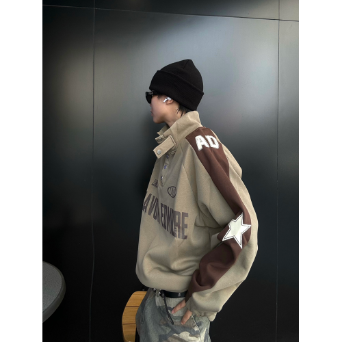 EAT美式復古撞色拼接紐釦立領衛衣男2024春秋情侶潮長袖外套