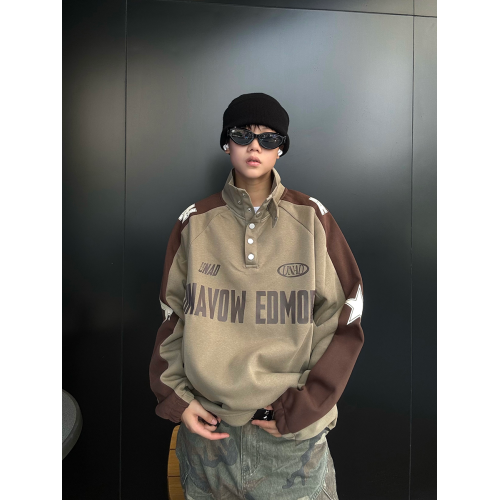 EAT美式復古撞色拼接紐釦立領衛衣男2024春秋情侶潮長袖外套