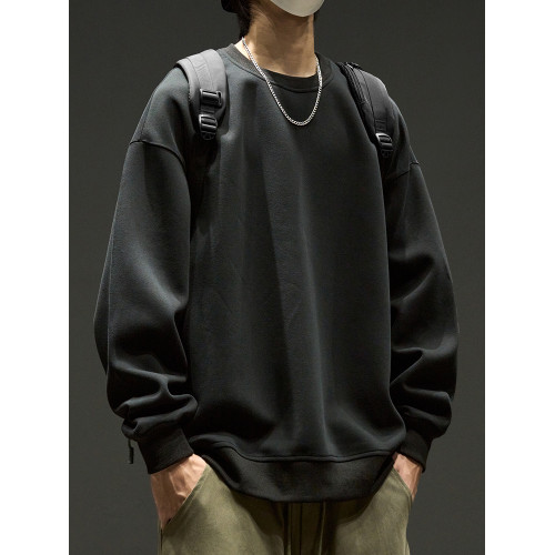 重磅圓領衛衣男春秋款寬松美式潮牌秋季長袖t恤男生套頭上衣外套