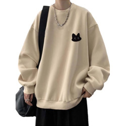 重磅美式寬松百搭圓領加絨加厚貓咪衛衣男裝秋冬潮牌休閒學生上衣