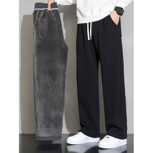 秋冬季濶腿褲子男士加絨直筒寬松運動休閒長褲子黑色衛褲2024新款 秋冬季濶腿褲子男士加絨直筒寬松運動休閒長褲子黑色衛褲2024新款