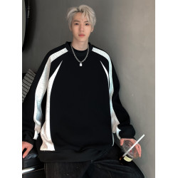 美式條紋拼接衛衣男生2025秋冬新款潮牌重磅寬鬆圓領加絨加厚外套