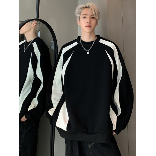 美式條紋拼接衛衣男生2025秋冬新款潮牌重磅寬鬆圓領加絨加厚外套