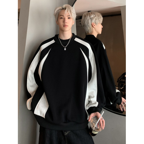 美式條紋拼接衛衣男生2025秋冬新款潮牌重磅寬鬆圓領加絨加厚外套