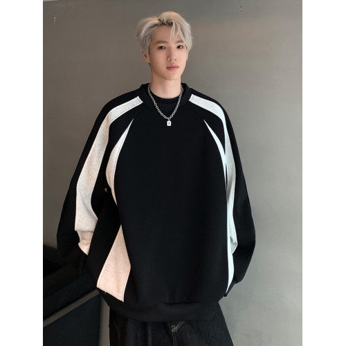 美式條紋拼接衛衣男生2025秋冬新款潮牌重磅寬鬆圓領加絨加厚外套