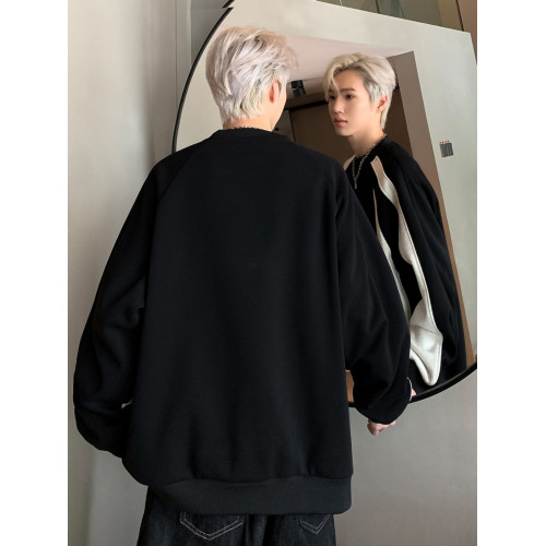 美式條紋拼接衛衣男生2025秋冬新款潮牌重磅寬鬆圓領加絨加厚外套