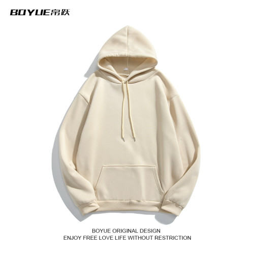 BOYUE帛躍秋冬季寬松純色加絨連帽衛衣男保暖上衣外套簡約外穿ins