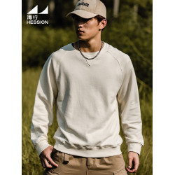 海行藏藍色360g純棉毛圈圓領衛衣男士2025秋季新款內搭插肩打底衫