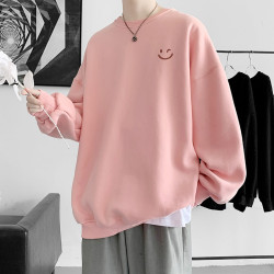 600G重磅圓領衛衣男冬季加絨笑臉印花外套粉色寬松百搭打底衫潮流