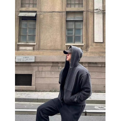 美式復古春秋做舊廓形短款基礎水洗做舊落肩boxy連帽拉鍊衛衣男潮