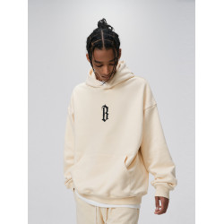 BONELESS秋季基礎B字膠漿印花加絨連帽衫男女款重磅黑色衛衣外套