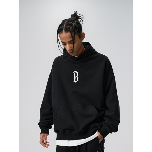 BONELESS秋季基礎B字膠漿印花加絨連帽衫男女款重磅黑色衛衣外套 BONELESS秋季基礎B字膠漿印花加絨連帽衫男女款重磅黑色衛衣外套