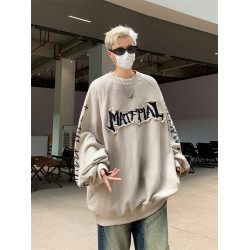 美式復古做髒情侶衛衣男小衆貼布塗鴉印花潮牌設計感寬松圓領上衣