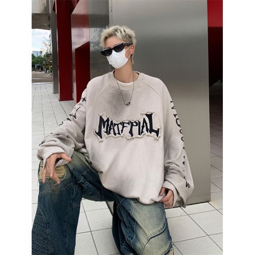 美式復古做髒情侶衛衣男小衆貼布塗鴉印花潮牌設計感寬松圓領上衣 美式復古做髒情侶衛衣男小衆貼布塗鴉印花潮牌設計感寬松圓領上衣