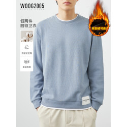 WOOG2005加絨加厚純色假兩件圓領男士衛衣2025秋冬季新款休閒上衣