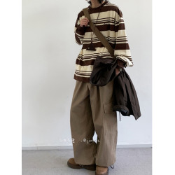 2025年日系復古套頭情侶衛衣學院風男女休閒寬松條紋長袖打底上衣