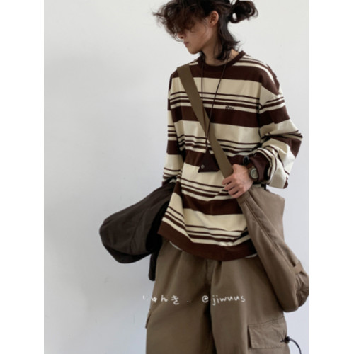 2025年日系復古套頭情侶衛衣學院風男女休閒寬松條紋長袖打底上衣