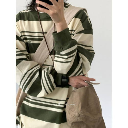 2025年日系復古套頭情侶衛衣學院風男女休閒寬松條紋長袖打底上衣