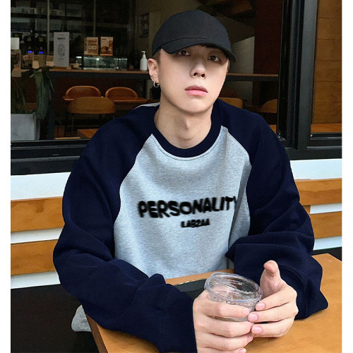 美式休閒字母印花撞色拼接衛衣男秋季街頭寬松百搭休閒插肩袖上衣 美式休閒字母印花撞色拼接衛衣男秋季街頭寬松百搭休閒插肩袖上衣