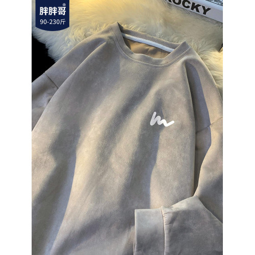 胖胖哥麂皮絨衛衣男款秋oversize潮牌大碼寬鬆外套圓領套頭上衣