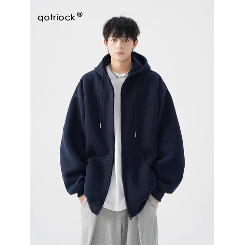QOTRIOCK美式復古連帽衛衣男2026春季新款寬鬆休閒純色開衫外套潮