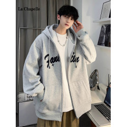 拉夏貝爾重磅開衫加絨衛衣男生春秋款2025新款大碼青少年男士外套