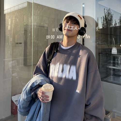 純棉圓領衛衣男款春秋款潮oversize寬松百搭字母印花秋冬加絨加厚