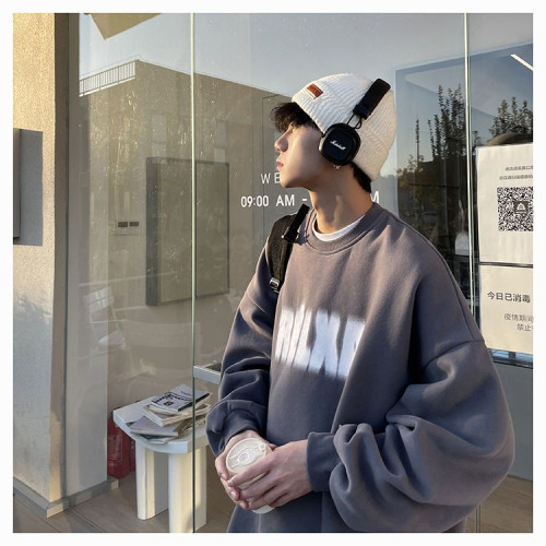 純棉圓領衛衣男款春秋款潮oversize寬松百搭字母印花秋冬加絨加厚