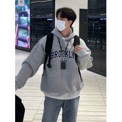 加絨衛衣高街男士連帽小衆高級設計感印花上衣春秋季韓系寬松外套