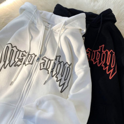 港風字母印花開衫外套男女寬松ins秋冬新款百搭潮牌連帽拉鍊外套