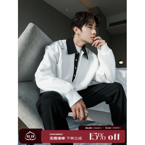 CHICERRO西西裡男裝春季重磅針織少年感polo領撞色暗紋套頭衛衣潮