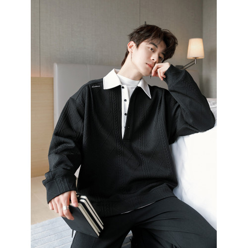 CHICERRO西西裡男裝春季重磅針織少年感polo領撞色暗紋套頭衛衣潮