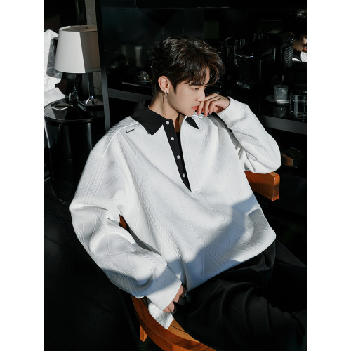 CHICERRO西西裡男裝春季重磅針織少年感polo領撞色暗紋套頭衛衣潮