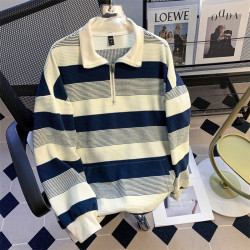 半拉鍊翻領衛衣男美式復古潮牌條紋寬松情侶秋裝長袖上衣休閒外套