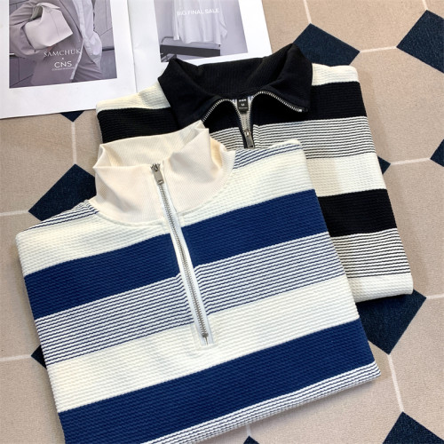 半拉鍊翻領衛衣男美式復古潮牌條紋寬松情侶秋裝長袖上衣休閒外套 半拉鍊翻領衛衣男美式復古潮牌條紋寬松情侶秋裝長袖上衣休閒外套