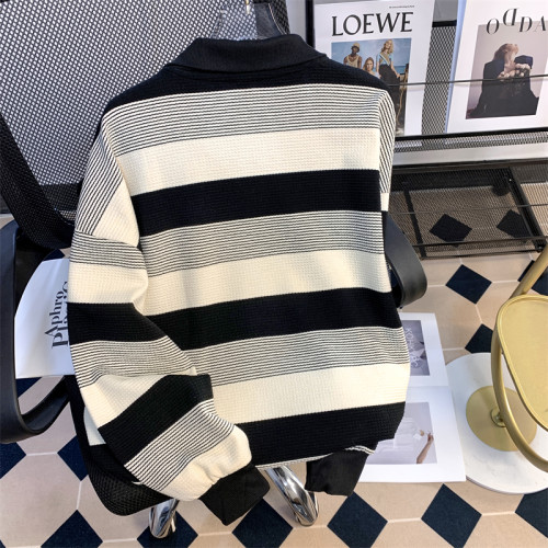 半拉鍊翻領衛衣男美式復古潮牌條紋寬松情侶秋裝長袖上衣休閒外套 半拉鍊翻領衛衣男美式復古潮牌條紋寬松情侶秋裝長袖上衣休閒外套