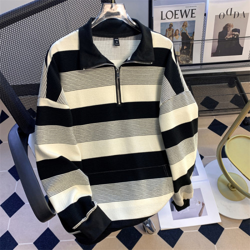 半拉鍊翻領衛衣男美式復古潮牌條紋寬松情侶秋裝長袖上衣休閒外套 半拉鍊翻領衛衣男美式復古潮牌條紋寬松情侶秋裝長袖上衣休閒外套