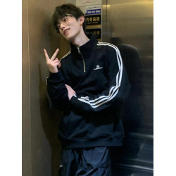 半拉鍊重磅立領衛衣男春秋款美式復古三條杠外套oversize情侶上衣