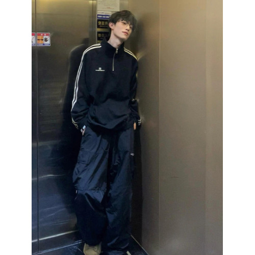 半拉鍊重磅立領衛衣男春秋款美式復古三條杠外套oversize情侶上衣