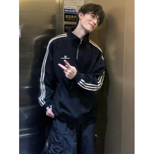 半拉鍊重磅立領衛衣男春秋款美式復古三條杠外套oversize情侶上衣