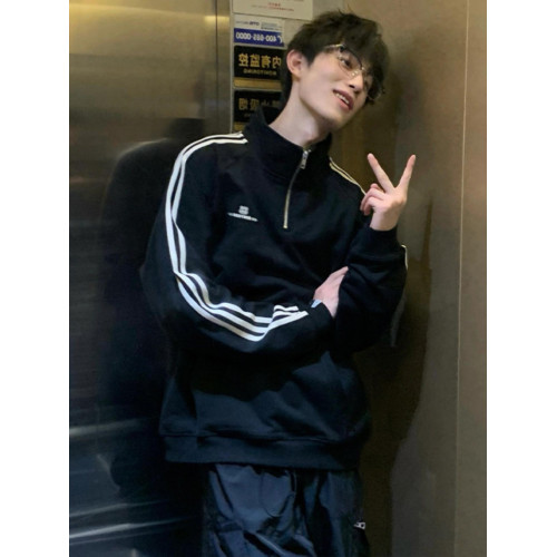 半拉鍊重磅立領衛衣男春秋款美式復古三條杠外套oversize情侶上衣