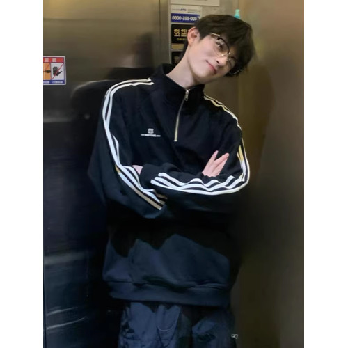 半拉鍊重磅立領衛衣男春秋款美式復古三條杠外套oversize情侶上衣