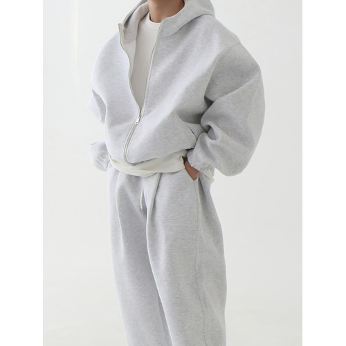 加絨連帽衛衣套裝男士春秋季美式重磅拉鍊外套寬松休閒運動風衛褲