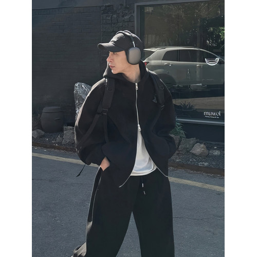 加絨連帽衛衣套裝男士春秋季美式重磅拉鍊外套寬松休閒運動風衛褲